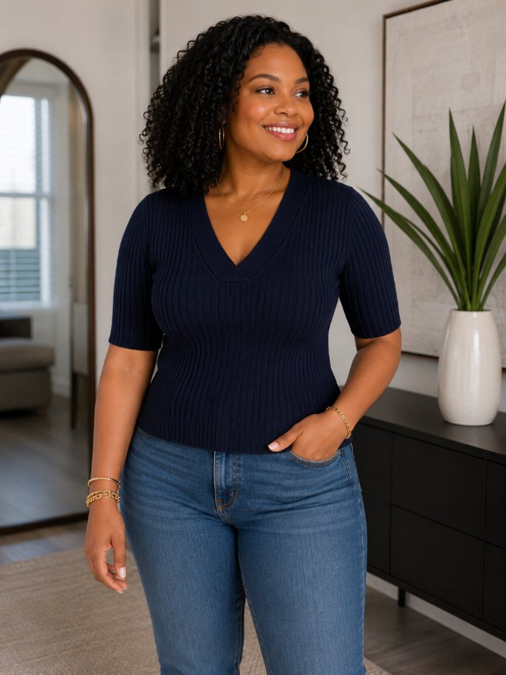 Dark Navy Ribbed V Neck short  mid sleeve Sweater